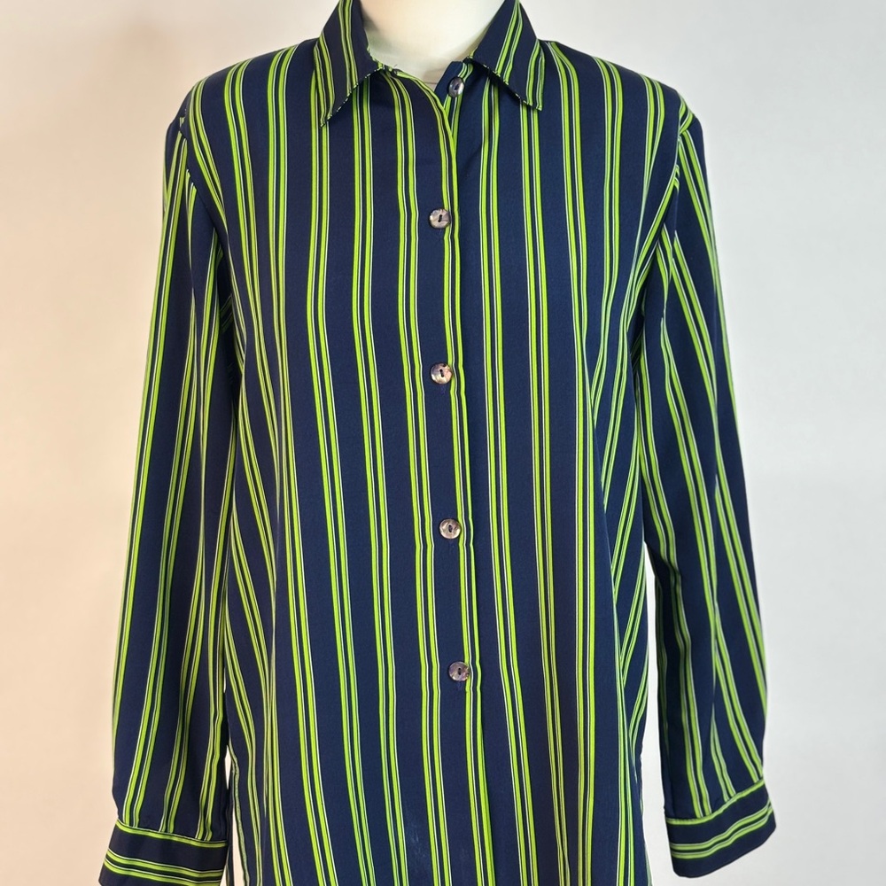 Notations Navy and Lime Striped Button-Down Shirt